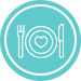 Teal circle icon with plate, fork, and knife