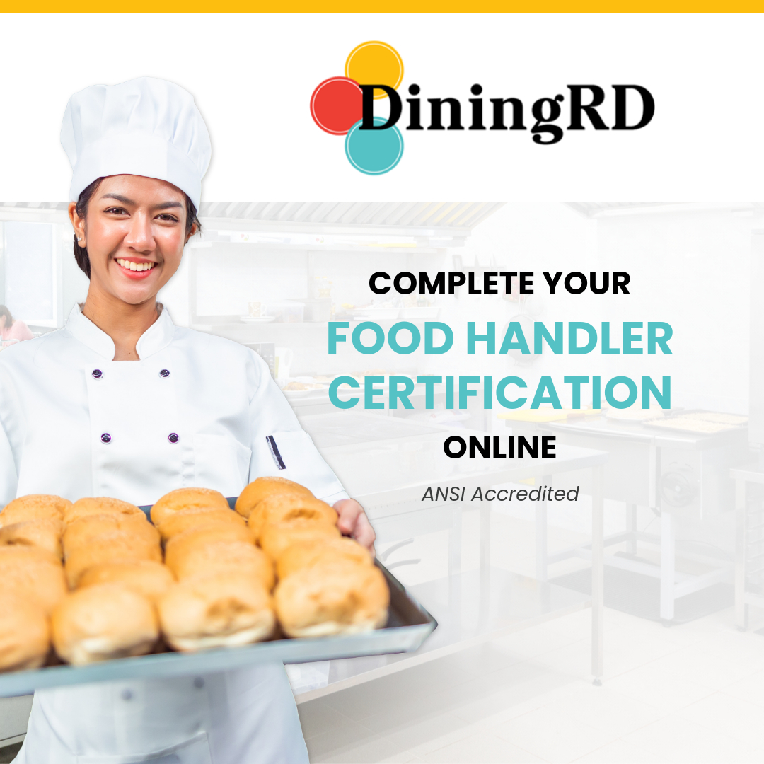 background: smiling food service worker holding a tray of bread rolls; foreground text: Complete your Food Handler Certification Online - ANSI Accredited